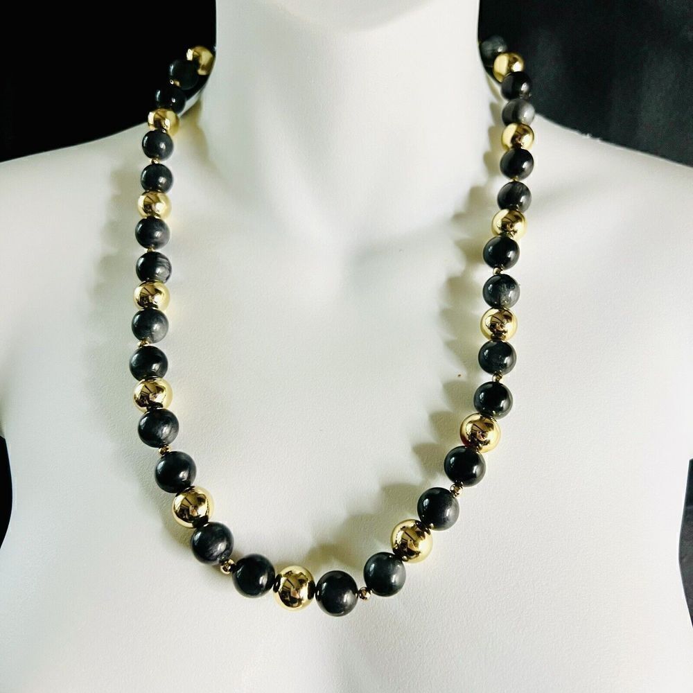Vintage Black Gold Tone Lucite Statement Beaded Beads Pretty Necklace 1074